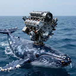 photograph of a v 8 engine and a body of cachalot whale, a cachalot and a diesel v 8 engine in the ocean, engine on top of the whale head, long shot, by modern artist, in the style of cyberpunk, fantastic