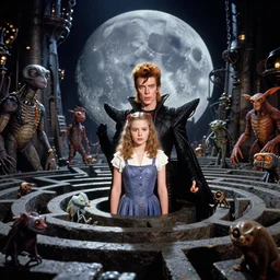 movie still from the 1 9 8 8 sequel to labyrinth by jim henson's creature shop starring david bowie as goblin king and young jennifer connelly as sarah in a maze - like steampunk fortress on the moon. realistic practical - effects wondrous creatures and humanoid aliens. fantasy adventure.