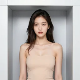 a beautiful young woman modelling in a photo booth, wearing nothing but an over coat, ultra HD, amazing photo, dynamic lighting, award winning