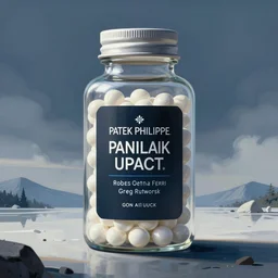 concept art of a patek philippe white dietary supplement in a transparent bottle with big black sticker on it by aenaluck, artgerm and roberto ferri and greg rutkowski, blue and white tones, digital painting, artstation, concept art, smooth, sharp foccus ilustration hq