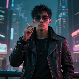 a cyberpunk futuristic man smoking cigarettes in a cyberpunk city, 8 k, sharp, detailed, photorealistic, octane render.