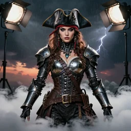 fashion pose! symmetry!!! closeup portrait of a biblical diabolical pirate hunter girl, stylish cyborg armor, in clouds, strong studio lights, thunder, rain! storm, sunset, by gerald brom, by mikhail vrubel, by peter elson, high contrast, muted colors, extreme detail, mirrors, trending on artstation, 8 k