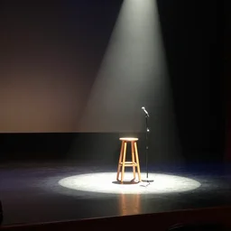 an empty stage with a mic and a stool with a spotlight on them