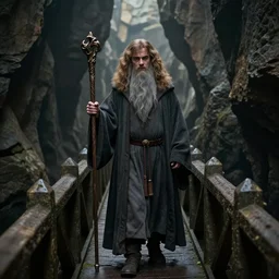 Hermione Granger as Gandalf, holding a staff, guarding a narrow bridge over an underground canyon