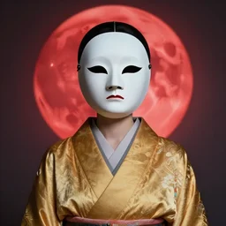portrait of a woman with a mask on his face in the form of a spiral in a golden kimono, full face, against the background of a bright red moon, sad motif, by ilya kuvshinov, realistic, dramatic, soft colors, futuristic, 8 k