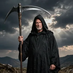 ultra realistic photograph of maury povich with black hood and scythe as grim reaper