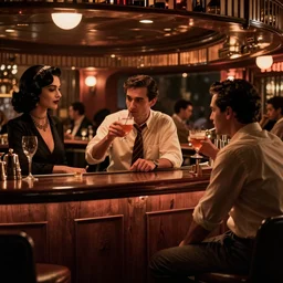a man wearing a tie is having a drink with a femme fatale at the bar of a 4 0 s jazz club, warm color palette, night time, dramatic lighting, noir film, character sheet, fine details, high contrast, blacksad, kim jung gi, greg rutkowski, trending on artstation, 8 k, front view, back view, ultra wide angle