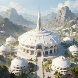 a concept art of a magnificent and white round and olivary building in the middle surrounded by mountains with other round and olivary houses in a sunnypunk style, 4 k, in detailed, octance render