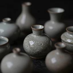 studies of shino ceramics with organic shapes, background black, bokeh, macro view, megapixel, moody lighting, cinematic lighting, ray tracing reflections
