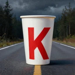 white red paper soda cup, macro view!!!, standing on empty road!!, forest background!!, detailed, dark concept art, dark skies painting by wlop, and greg rutkowski, beautiful, semirealism, artstation, octane render, oil painting, sharpness, 8 k, golden ratio