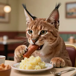 closeup face portrait of a tin toy cute caracal eating mashed potato with sausage in a russian suburban 1 9 9 0 s diner, by nicoletta ceccoli, mark ryden, lostfish, max fleischer, depth of field, detailed and intricate environment, 8 k resolution, hyperrealistic, octane render