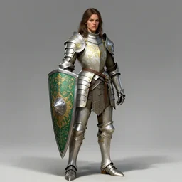 full body portrait of a rugged female warrior medium length brown hair and a very highly detailed face wearing elegant white, green and gold plate mail armor intricately painted, holding a rectangular tower shield, very highly detailed, artstation, cgsociety, realistic character concept art, sharp focus, by greg rutkowski, and alphonse mucha