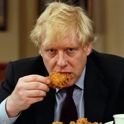 film still close - up shot of boris johnson eating fried chicken from the movie monty python's the meaning of life. photographic, photography