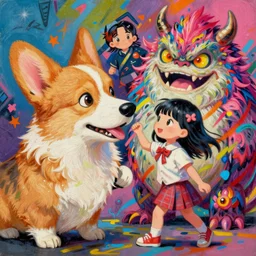 beautiful painting of corgi monster fighting a girl, by noah bradley, patrick woodroffe, posuka demizu, qing han, trending on artstation, 8 k, masterpiece, graffiti paint, fine detail, full of color, intricate detail, golden ratio illustration, face enhance