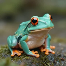 photo < orange > and teal frog