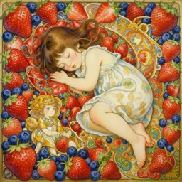 an intricate oil painting of a beautifull sleeping litle girl surounded by hiper detailed strawberry, blueberry, colorfull, excelent composition, wide shot, by yoshitaka amano, by greg rutkowski, by alphonse mucha by jeremyg lipkinng, by rhads, by ross tran, by artgerm, octane render