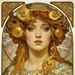realistic detailed face portrait of a beautiful young Phoenix Goddess by Alphonse Mucha, Greg Hildebrandt, and Mark Brooks, gilded details, spirals, Neo-Gothic, gothic, Art Nouveau, ornate medieval religious icon