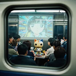fuji 5 0 r, 3 5 mm, hyperrealism ; closeup ran film still of busy shinkansen interior with window view ; in the background projection of beautiful matrix film still of seinen manga funko pop cat statue scene ; style of 1 9 9 0 frontier in extreme closeup porcelain photography magazine architectural studio edition, highly detailed, cinematic lighting, 8 k