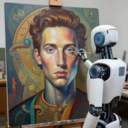 robot artist painting a self - portrait on a canvas. intricate, highly detailed, digital matte painting in the style of alexandros pyromallis. irony, recursion, inspiration.