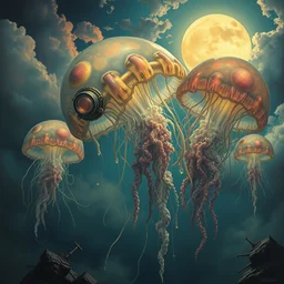 concept art of giant translucent glowing jellyfishes, renaissance, divers helmet, lots of teeth, melting horror, round moon, rich clouds, fighting the horrors of the unknown, mirrors, very detailed, volumetric light, mist, grim, fine art, decaying, textured oil over canvas, epic fantasy art, very colorful, ornate, alphonse mucha