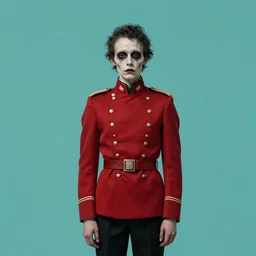 a post - minimalism portrait of sickly looking nosferatu in uniform vibrant color scheme, post - apocalyptic highly detailed, in the style of romanticism, cinematic, artstation, moebius, greg rutkowski