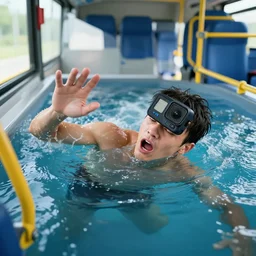 guy drowning in an autobus full of water panic agitated go pro