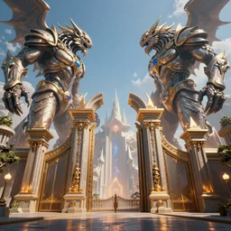 the gates of the utopia dimension with two giants creatures guarding, artstation, volumetric light, high detail, reflections, perfect, concept art, hdr, 4 k