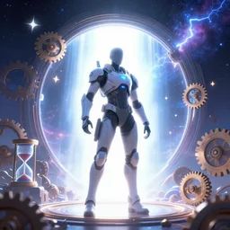 The video game character Wearing future armor. As he steps through the portal, he is surrounded by a bright light. When the light fades, he finds himself in an interdimensional galaxy. There are Gears and hourglass, stars and lightning all around him,digital art trending on artstation.