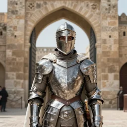 white man looking forward in iron decorated plate armor, cylindrical crusader great helm covering all his head and white silk cape covering his back and elbows standing at the gates of jerusalem drawn by greg rutkowski realistic high detail