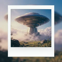 photo, polaroid, octane, 8 k photorealistic, de - noise, 8 k, high quality, volumetric lighting, scattered, mist, glow 3 d, nikon d 1 8 0, bokeh, focal 2 4 mm, very detailed, beautiful a ufo solarpunk, in the sky sunshine in tne landscape