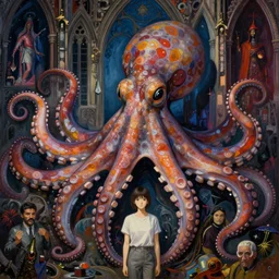 realistic detailed image of Giant Octopus by Ayami Kojima, Amano, Karol Bak, Greg Hildebrandt, and Mark Brooks, Neo-Gothic, gothic, rich deep colors. Beksinski painting, part by Adrian Ghenie and Gerhard Richter. art by Takato Yamamoto. masterpiece