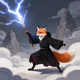 the fox magician with a black robe blast a thunder spell with his staff, thunder ray, mountain, clouds, artstation