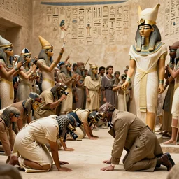 Hieroglyphs presenting an Egyptian crowd prosterning in front of an Cleopatra, there is one western modern guy wearing a trenchcoat and a steampunk mask among them.