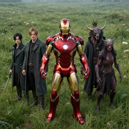 portrait of marvels ironman ( ( ( ( ( ( ( ( surrounded by grass ) ) ) ) ) ) ) ) by hr giger, greg rutkowski, luis royo and wayne barlowe as a diablo, resident evil, dark souls, bloodborne monster, courtroom, elden ring creature : : in a garden, grassy field, large field in the background