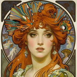 realistic detailed face portrait of Mermaid Marie Antoinette with colorful lionfish fins in her hair by Alphonse Mucha, Ayami Kojima, Amano, Charlie Bowater, Karol Bak, Greg Hildebrandt, Jean Delville, and Mark Brooks, Art Nouveau, Neo-Gothic, gothic, rich deep moody colors