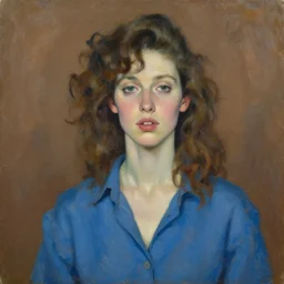 expressive medium shot portrait of a pale sexy young 8 0 s model woman with curly brown hair, big lips, wearing a blue shirt, brown background, oil painting, impasto, muted colors, artwork by lucian freud, arnold bocklin, ossip zadnike