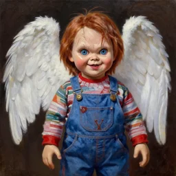 the doll chucky as the angel uriel described in the old testament, oil painting, by greg rutkowski