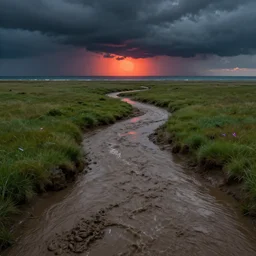 muddy river leads to sea by hiroshi yoshida, marc simonetti, roger deakins, turner, rothko, hyperrealism, cinematic, grassland, dramatic storm sunset, neon light sreips by dan flavin, matte painting, fluid simulation, tonalism, volumetric light, trending on artstation, cgsociety, high detail concept art, top view, rendered in octane