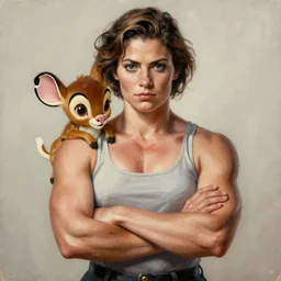 a painting of bambi as a strong confident woman. in the style of laszlo moholy - nagy and noriyoshi ohrai, trending on artstation, highly detailed, ultrarealistic, digital art