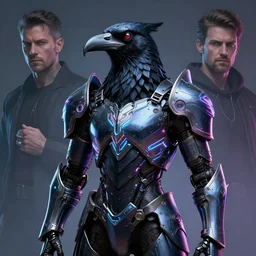 fantasy exoskeleton raven armor, artistically anthropomorphic black bird head with a visible beak. neon, science fiction, light, portrait by donato giancola and greg rutkowski and wayne barlow. r / imaginarycyberpunk.