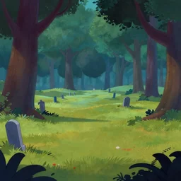 keyframe still from land before time 1 9 8 8, landscape forest, cemetery in far distance, cartoony gouache matte painting from land before time 1 9 8 8