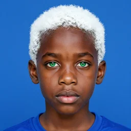a portrait of a black boy with white hair and green eyes with a blue color scheme. By Geoffroy Thoorens and JC Leyendecker.