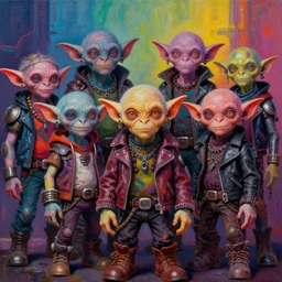 apocalyptic scifi squalor goblin characters standing together for a professional group photo, psychedelic vibrant colors, futuristic punk rock fashion, oil painting by michael whelan art, perfect faces, sharp focus, detailed eyes, realistic, leather jackets, 8 k