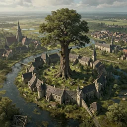 airborne view of a downtrodden medieval town by a river in a swamp with a tall ancient hollow tree in its center, 4k, by Greg Rutkowski, fantasy, mix of celtic and Rus architecture, cinematic