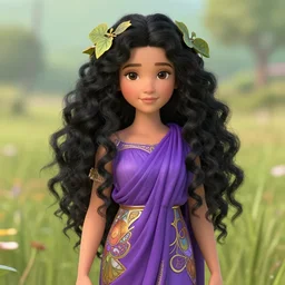 portrait, cute young virgin maria, purple greek robe, long curly black hair, meadow, very detailed, ornate, fig leaves, character illustration, soft lighting, octane render, greg rutkowski, alphonse mucha, sung choi, 8 k, vibrant