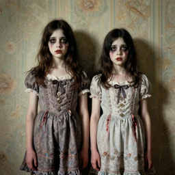 a beautiful and eerie baroque painting of two gorgeous but creepy siblings wearing vivienne westwood dresses in layers of fear, with haunted up eyes and dark hair, 1 9 7 0 s, seventies, wallpaper, a little blood, morning light showing injuries, delicate embellishments, painterly, offset printing technique, by brom, robert henri, walter popp