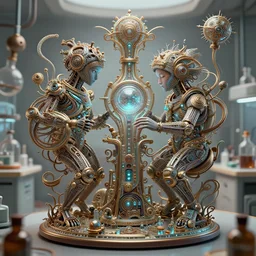 of 2 b nier automata in a lab : : by michal karcz, daniel merriam, victo ngai and guillermo del toro : : ornate, dynamic, particulate, intricate, elegant, highly detailed, centered, artstation, smooth, sharp focus, octane render, 3 d