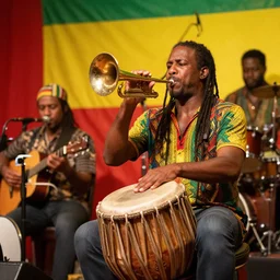 a beautiful reggae music concert, raw, brass instrument, singer, tabla, guitar, battery, by james jean, by rossdraws, frank franzzeta, mcbess, yellow red green scheme color