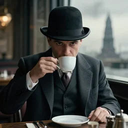 a man in a suit and bowler hat drinking a cup of tea at the end of the world realistic cinematic 3 5 mm hdr 8 k