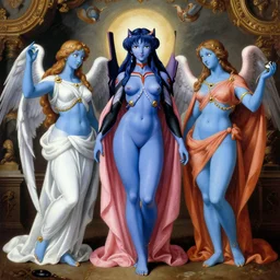 trinity of blue - skinned evangelion anime characters as godesses and gods, classical roman renaissance painting scene, baroque fantastical greek art wall fresco, hindu deity cyberpunk, movie still, eva poster ova, high quality, golden ratio, cycles, very colorful, blasphemous orthodox icon